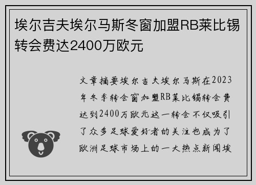埃尔吉夫埃尔马斯冬窗加盟RB莱比锡转会费达2400万欧元